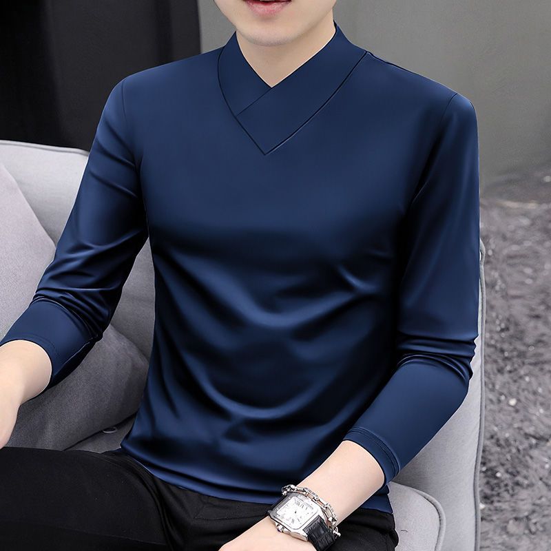 Autumn and winter fashionable V-neck bottoming shirt, handsome men's T-shirt long sleeves 2023 winter new solid color inner slim fit top