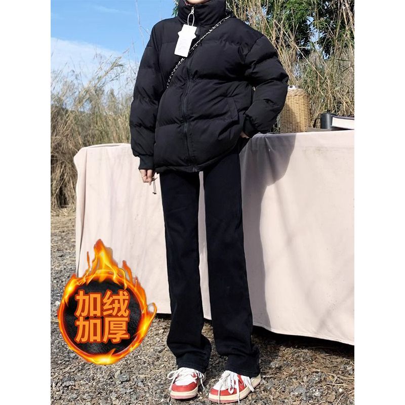 加絨加厚黑色直筒牛仔褲女秋冬高腰修身百搭顯瘦窄版煙管加長褲子