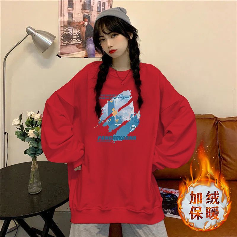 新年紅色衛衣女2023秋冬新款套頭加絨加厚衛衣寬鬆長袖印花上衣女