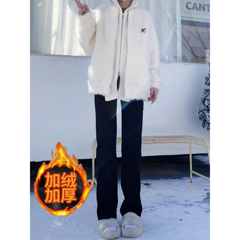 黑色直筒牛仔褲女秋冬季加絨高腰修身百搭顯瘦窄版煙管拖地長褲子