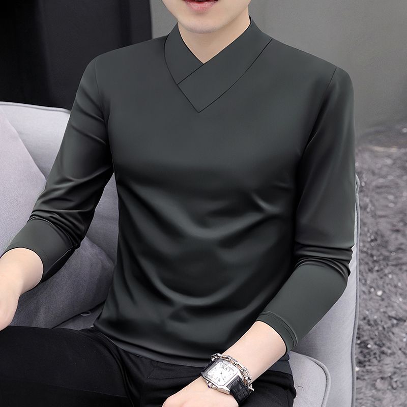 秋冬新款男士高檔t恤時尚v領打底衫男修身長袖上衣服純色潮流秋衣
