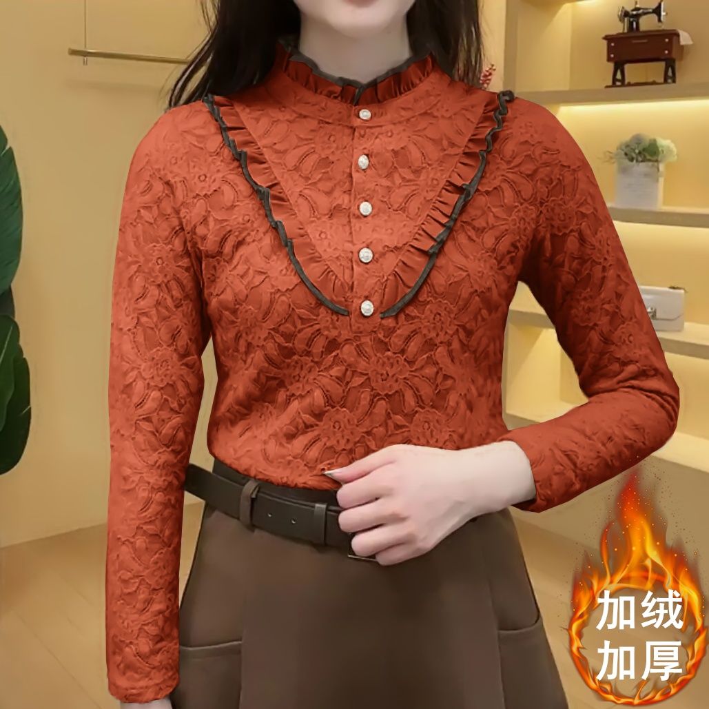 加絨加厚磨毛蕾絲打底衫女2023年秋冬新款花邊荷葉領洋氣顯瘦上衣