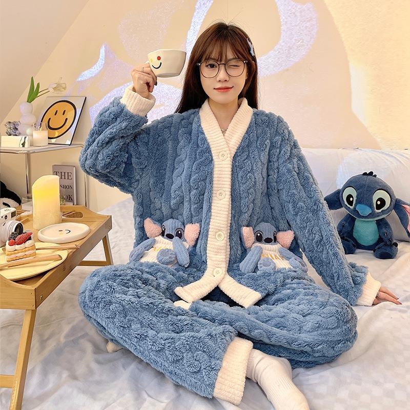 新款秋冬季可愛卡通史迪仔睡衣少女休閒甜美法蘭絨家居服套裝