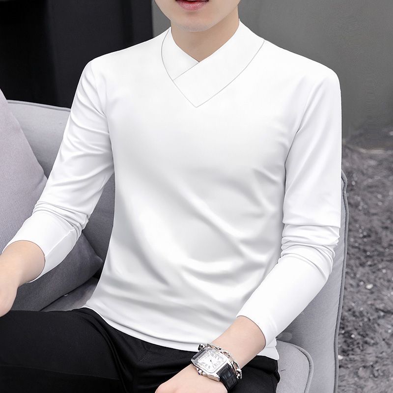 V-neck bottoming shirt for men in autumn and winter new fashion long-sleeved T-shirt slim and trendy autumn underwear with simple solid color tops