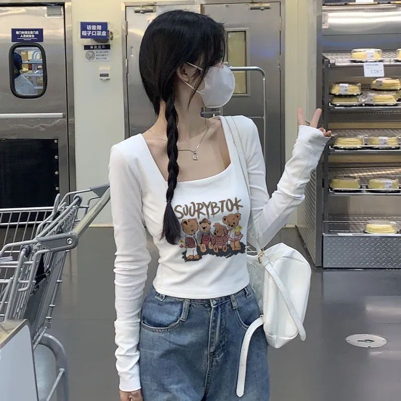 方領正肩長袖t恤女純欲風甜辣妹上衣春秋顯瘦打底衫ins風外穿內搭