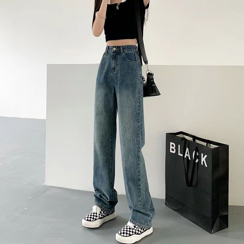 復古通勤直筒牛仔褲女2023年新款秋冬高腰顯瘦寬鬆闊腿拖地牛仔褲
