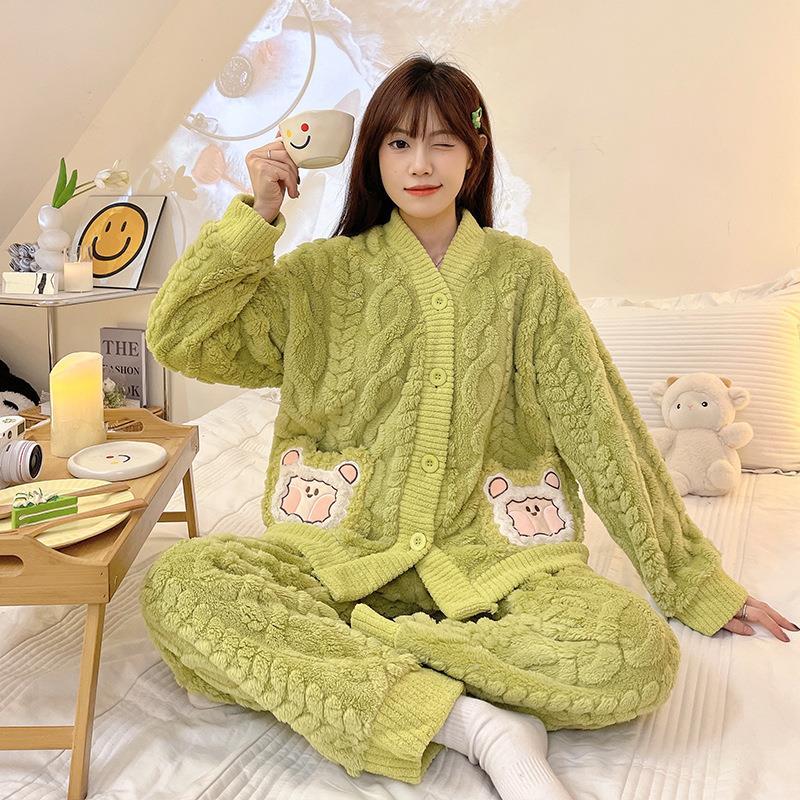 ins秋冬季新款綠色長袖睡衣女卡通綿羊純色家居服可外穿套裝