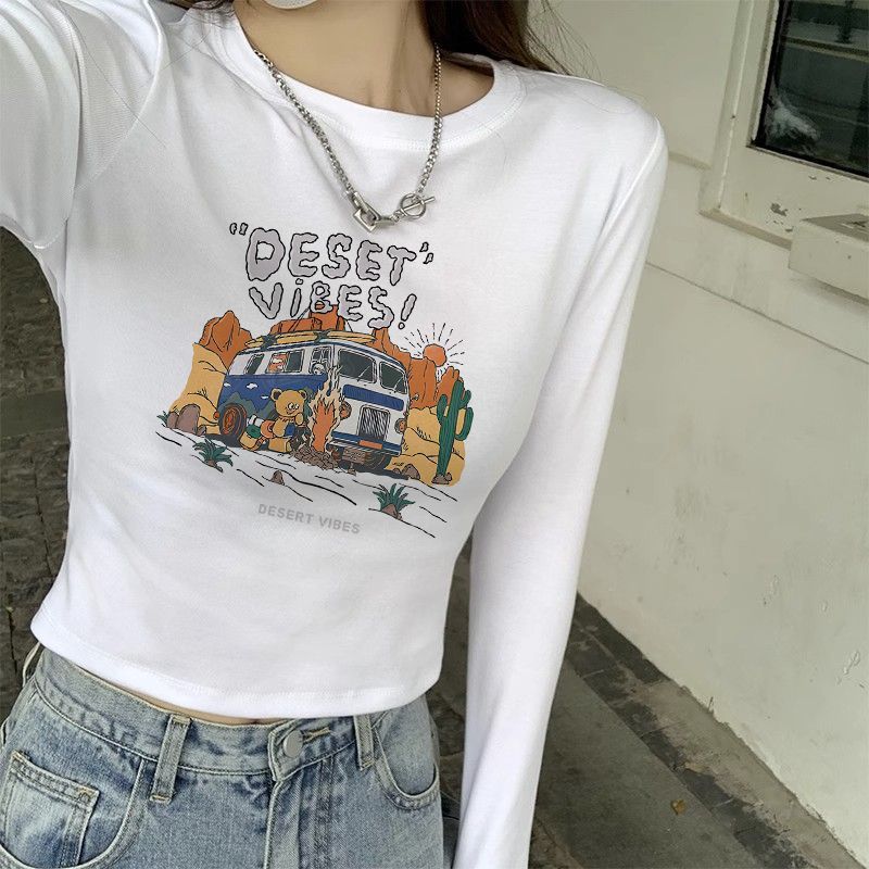 美式基礎白色T恤打底衫女高腰修身顯瘦百搭辣妹短款修身上衣長袖