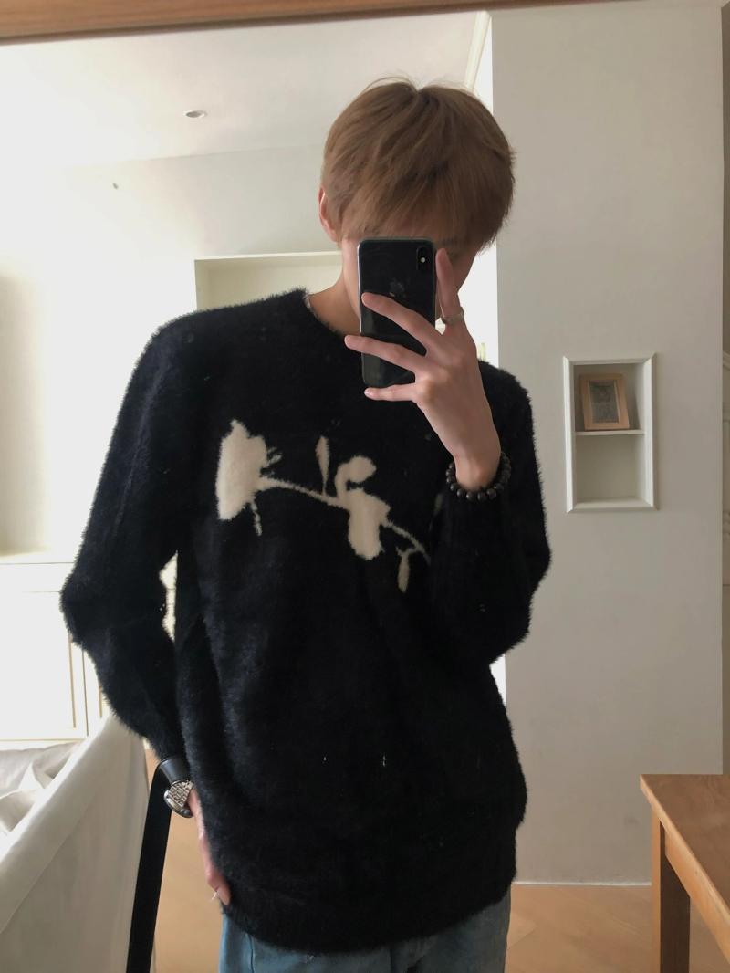 簡約高級感玫瑰花仿貂毛毛衣秋冬cleanfit寬鬆小眾圓領針織上衣潮