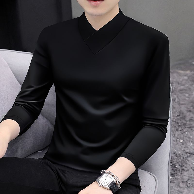 Men's t-shirt long-sleeved autumn and winter fashionable v-neck bottoming shirt men's solid color slim inner wear fashion versatile pure cotton top trendy
