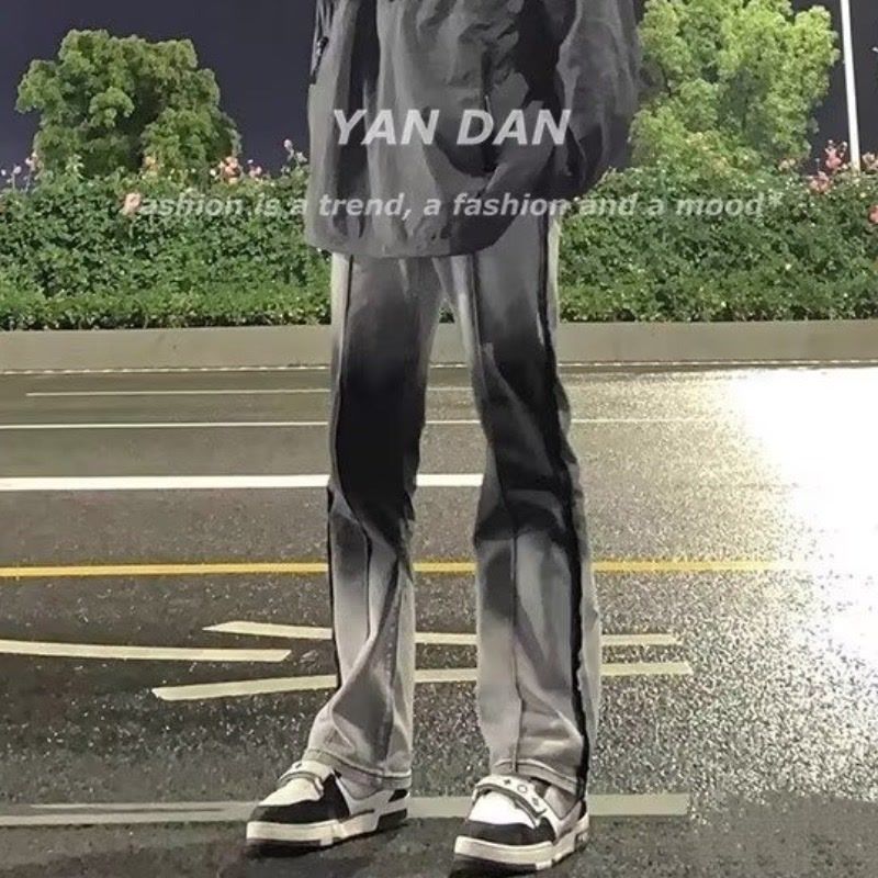黑灰色牛仔褲男秋季美式高街ins水洗漸變毛邊寬鬆直筒闊腿休閒褲