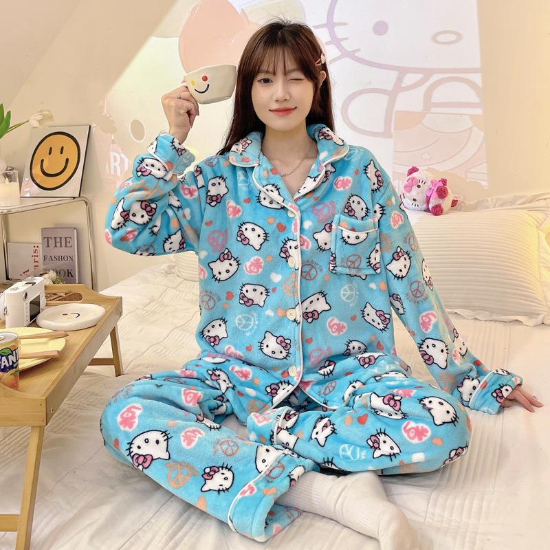 日系卡通HelloKitty睡衣女法蘭絨冬季新款甜美可愛家居服保暖