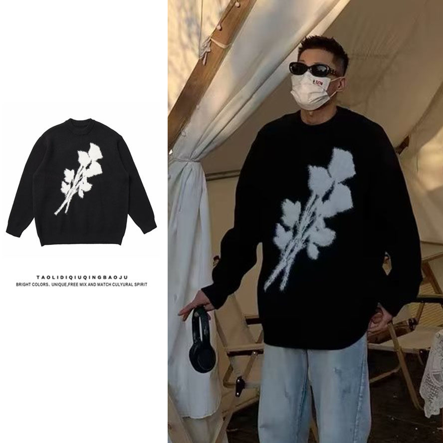 Dark rose silhouette sweater men's trendy brand versatile niche soft waxy jacket bottoming shirt lazy loose knitted sweater