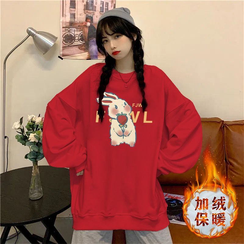 新年紅色衛衣女2023秋冬新款套頭加絨加厚衛衣寬鬆長袖印花上衣女