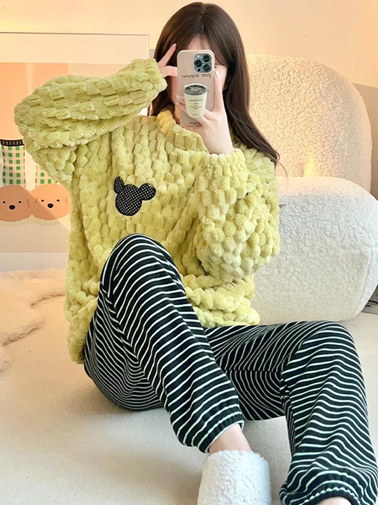 條紋珊瑚絨睡衣女款秋冬季2023新款套頭半高領加厚法蘭絨家居服天