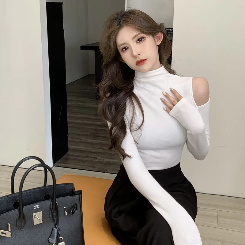 德絨韓版純欲性感打底衫上衣女冬甜辣設計感露肩修身顯瘦內搭上衣