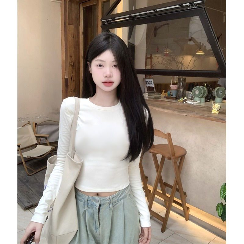 春夏秋季純欲風辣妹上衣高腰短款露臍長袖T恤修身顯瘦內搭打底衫