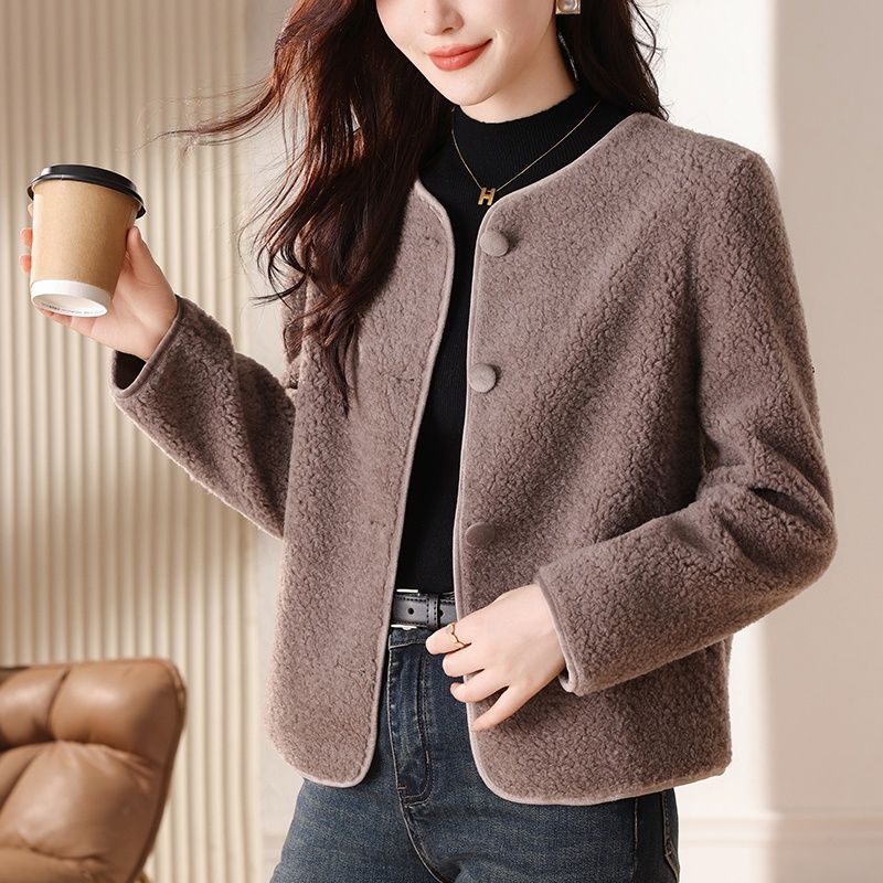  winter new style lamb wool small fragrance high-end gray Korean style fur one-piece wide grain velvet jacket for women