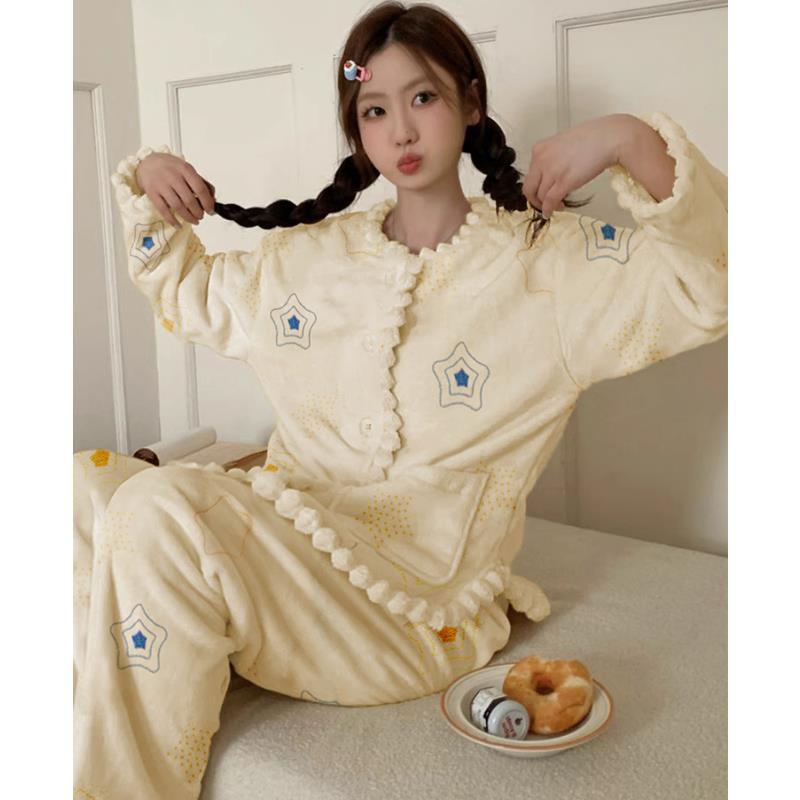 法蘭絨睡衣秋冬季女款2023新款簡約可愛加厚珊瑚絨家居服保暖套裝