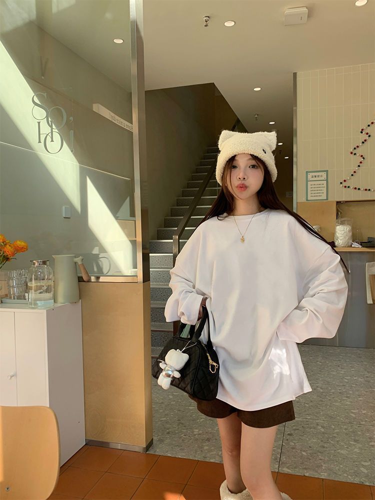 純棉新款白色t恤女長袖韓版寬鬆圓領學生百搭白色長袖打底衫純色