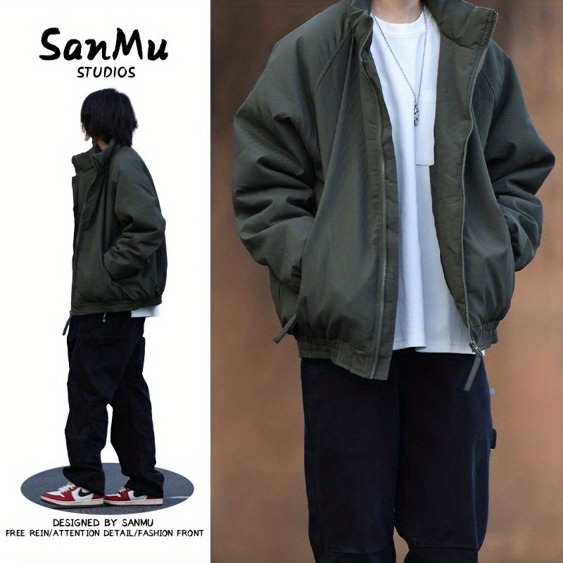 冬季日系中性美拉德立領加厚棉服插肩袖男女純色基礎寬鬆棉衣情侶