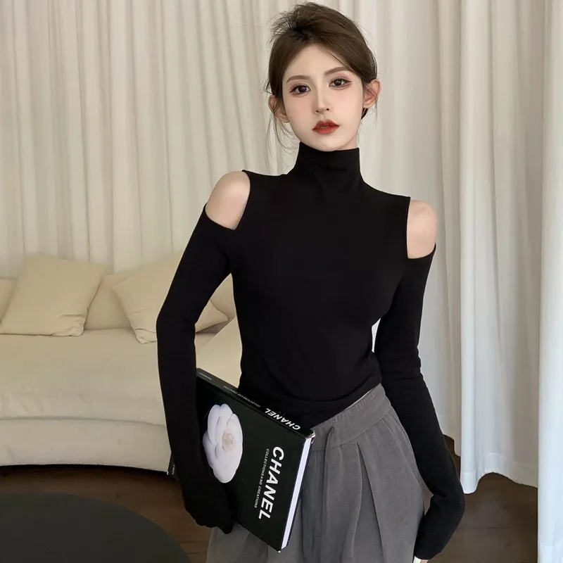 德絨韓版純欲性感打底衫上衣女冬甜辣設計感露肩修身顯瘦內搭上衣