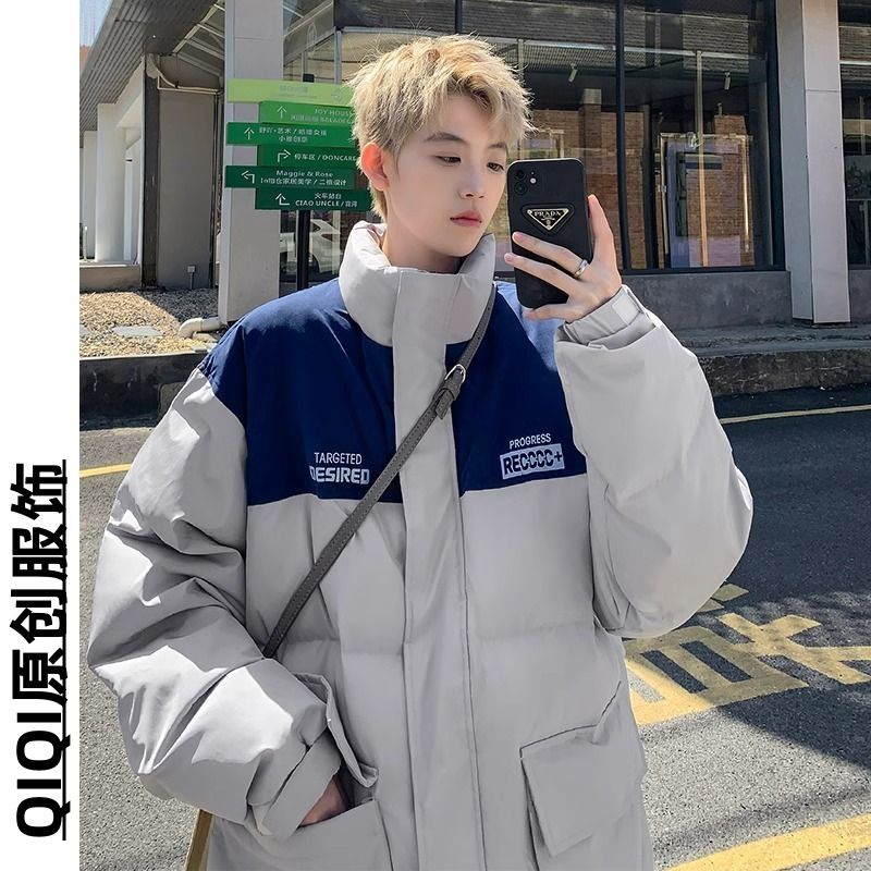 Muszoom港風個性復古拼接立領保暖麵包服秋冬季加厚百搭棉服外套
