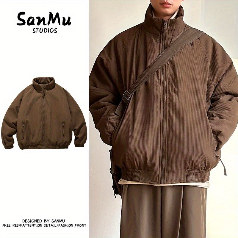 美拉德風純色條紋立領棉服男士上衣服寬鬆棉衣加厚冬季情侶外套潮