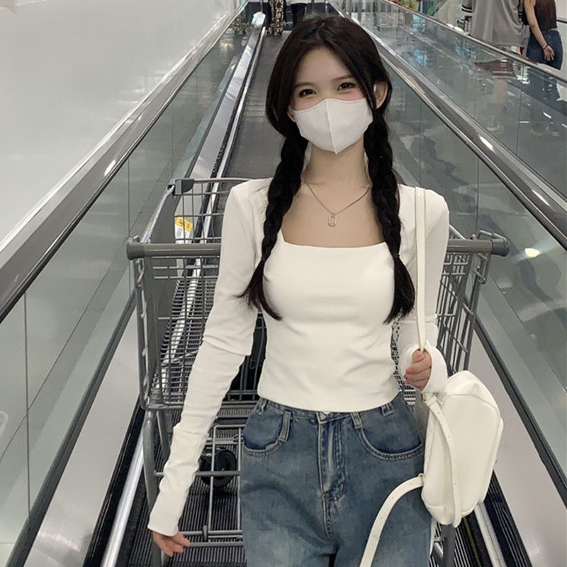 方領露鎖骨長袖t恤女修身顯瘦內搭高腰短款露臍緊身打底衫上衣潮
