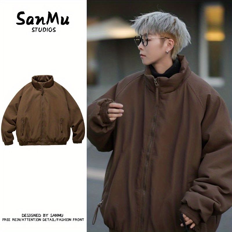 美拉德穿搭咖啡色條紋立領棉服男款高級感上衣加厚秋冬季寬鬆棉衣