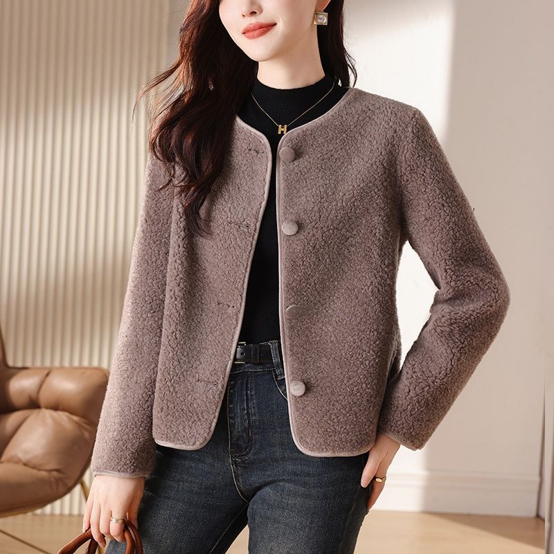  winter new style lamb wool small fragrance high-end gray Korean style fur one-piece wide grain velvet jacket for women