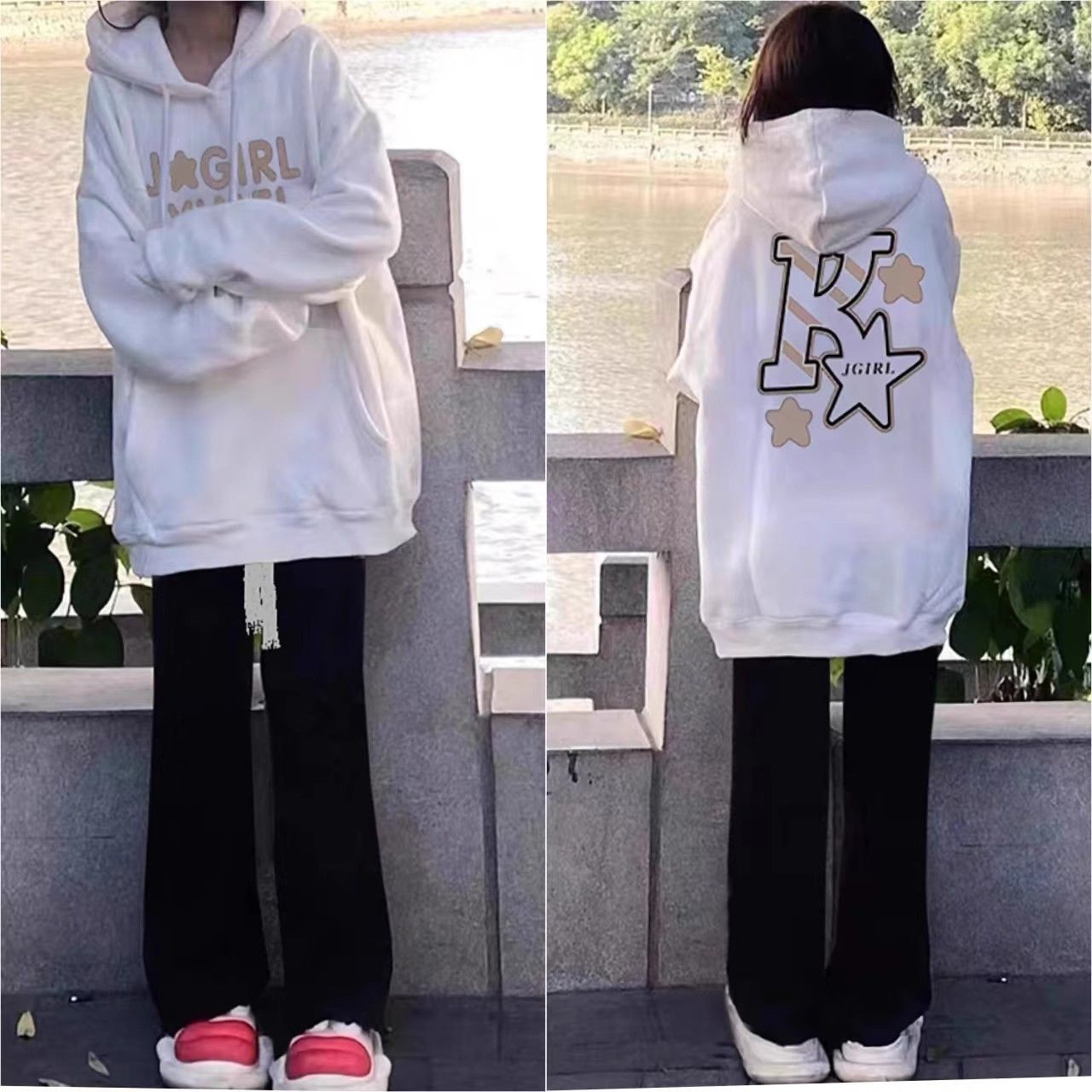 100%重磅純棉慵懶風字母連帽衛衣女2023秋冬加絨加厚寬鬆小眾上衣