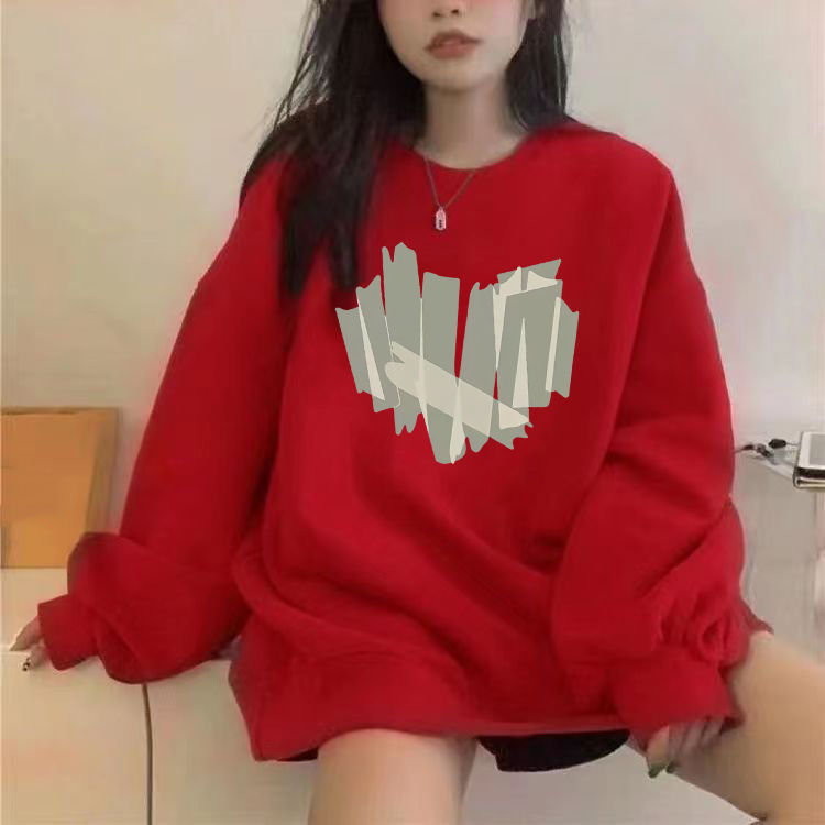 紅色圓領衛衣女2023新款寬鬆大碼加絨加厚秋冬上衣男女同款外套潮