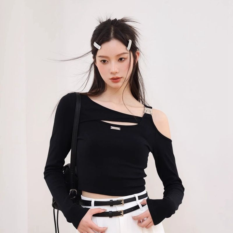 露肩短款上衣女設計感德絨秋冬季新款純欲辣妹別致黑色長袖T恤