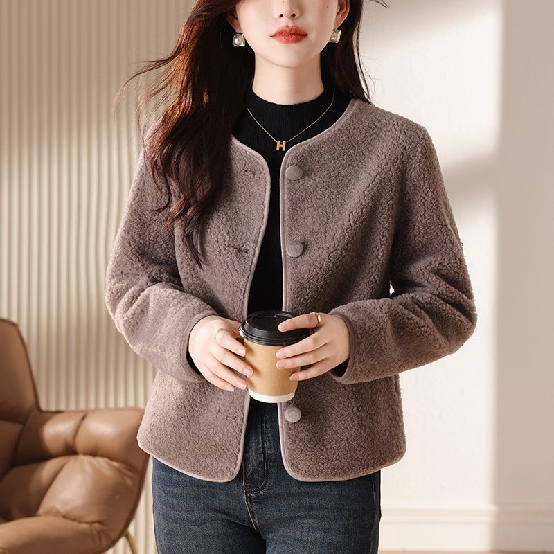  winter new style lamb wool small fragrance high-end gray Korean style fur one-piece wide grain velvet jacket for women