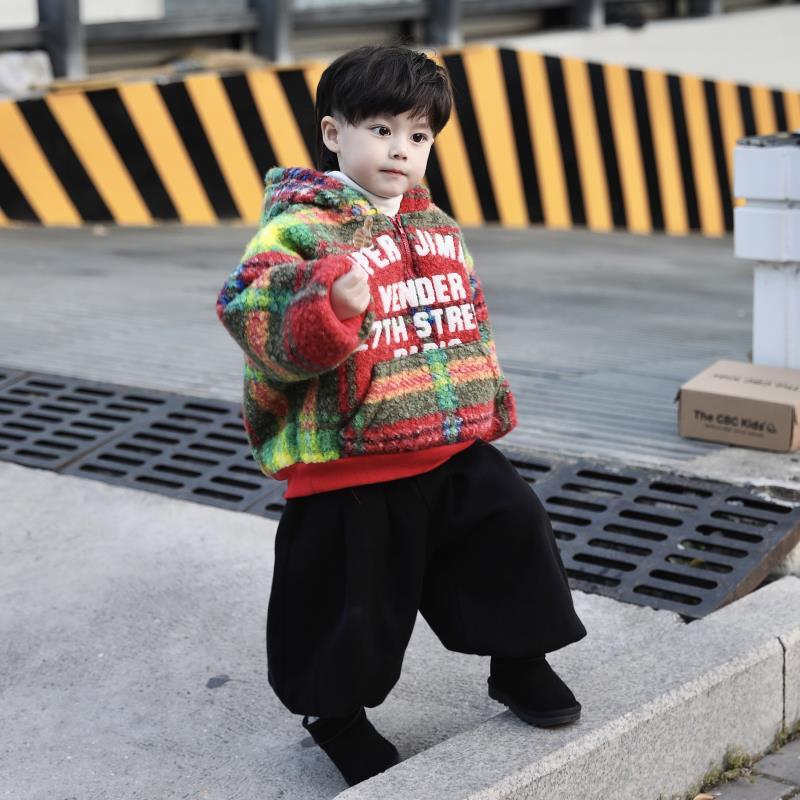 韩版男女童加绒连帽外套套装冬季新款中小童洋气保暖休闲裤两件套
