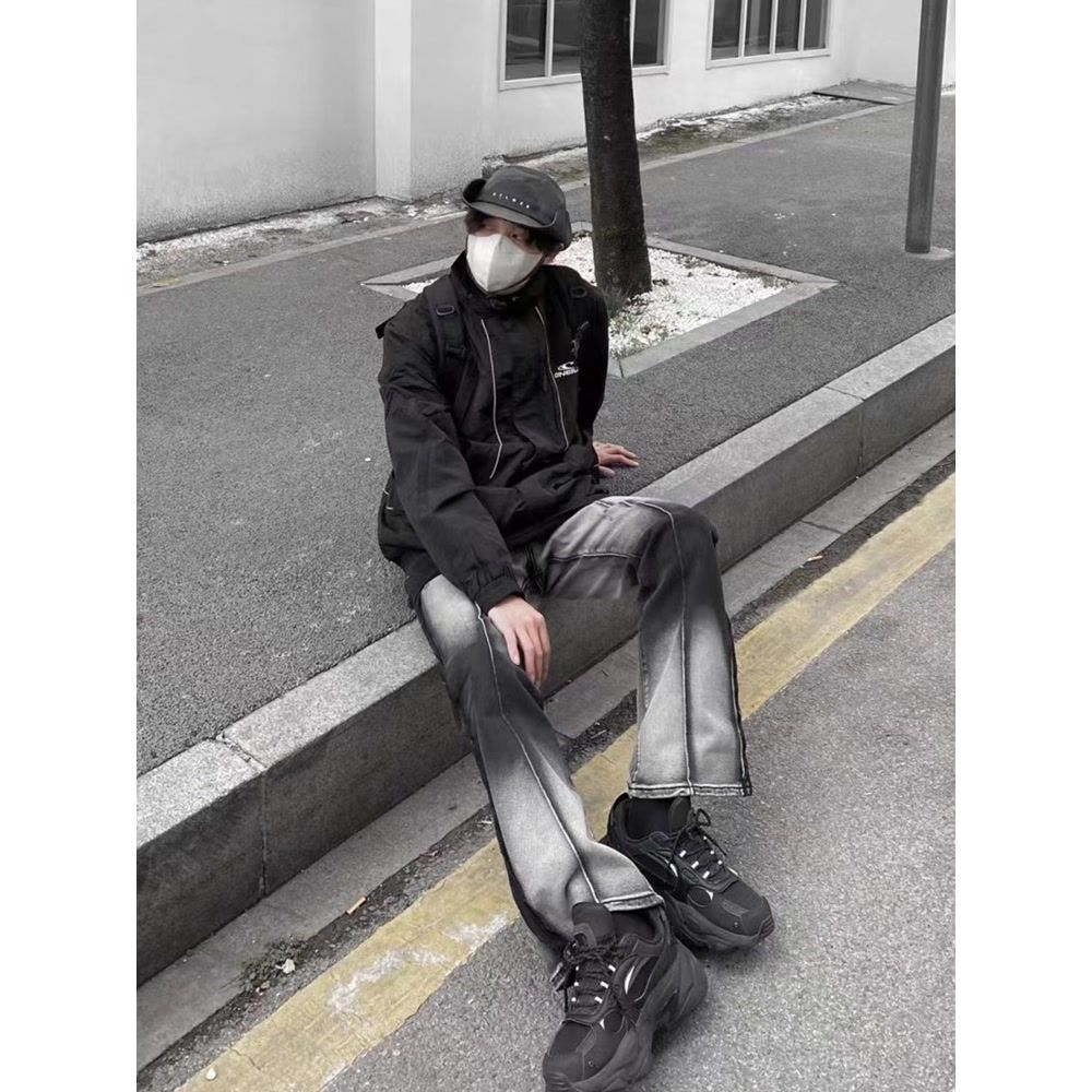 美式高街扎染牛仔褲男小眾設計感水洗做舊復古直筒寬鬆闊腿微喇褲