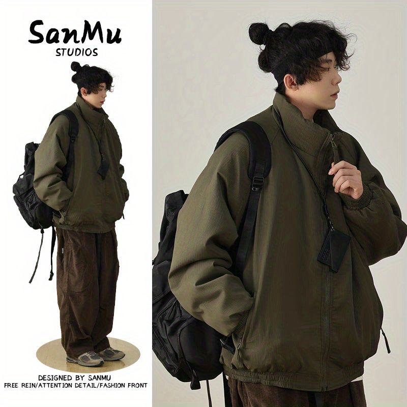 冬季豎紋立領棉衣男拉鏈日系美拉德麵包服寬鬆飄帶復古保暖外套潮