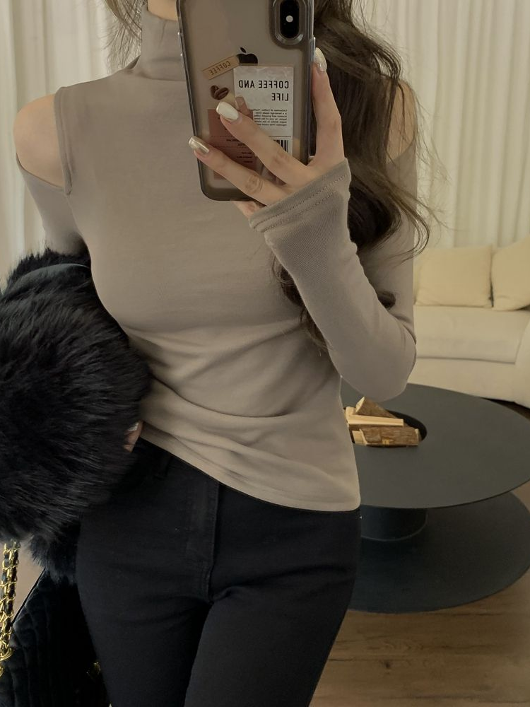 德絨韓版純欲性感打底衫上衣女冬甜辣設計感露肩修身顯瘦內搭上衣