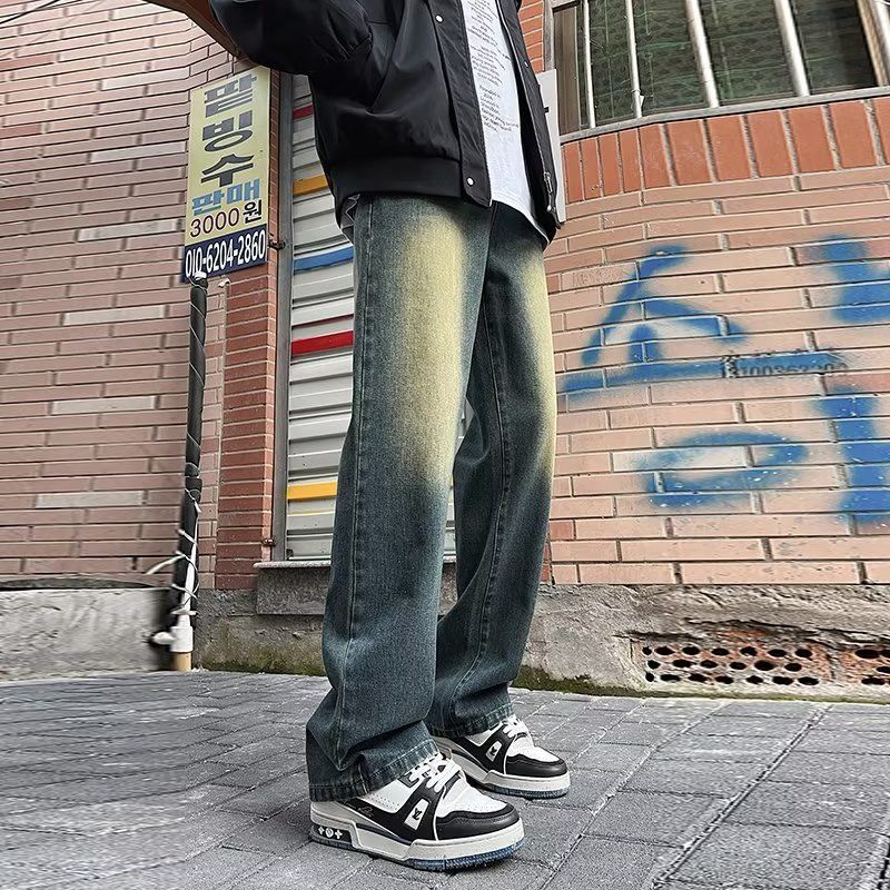 水洗牛仔褲男款春秋季美式復古做舊百搭褲子vibe風修身直筒微喇褲