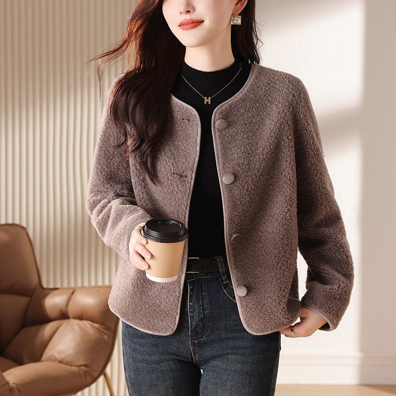  winter new style lamb wool small fragrance high-end gray Korean style fur one-piece wide grain velvet jacket for women