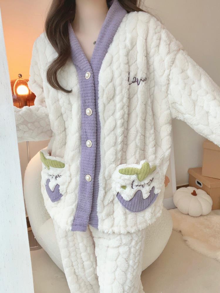 秋冬款小香風珊瑚絨睡衣女加厚加絨保暖甜美法蘭絨冬季家居服套裝