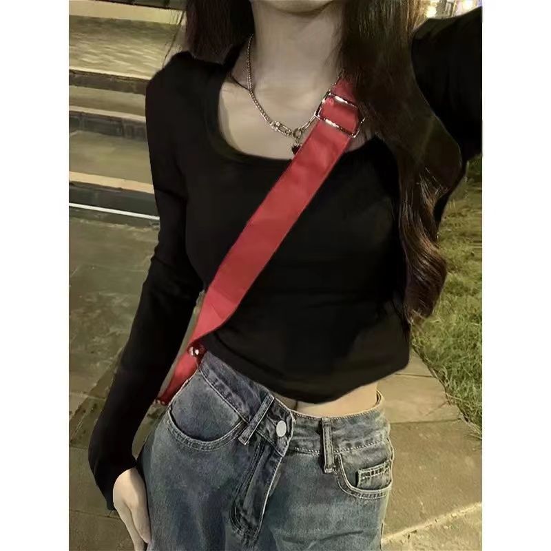 正肩U領長袖t恤女短款秋季2024新款辣妹修身內搭打底衫女純色上衣