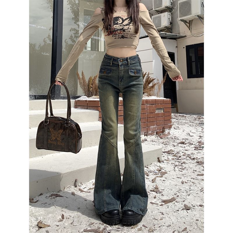 辣妹美式復古微喇牛仔褲女秋冬新款修身顯瘦小眾微喇高腰牛仔褲子