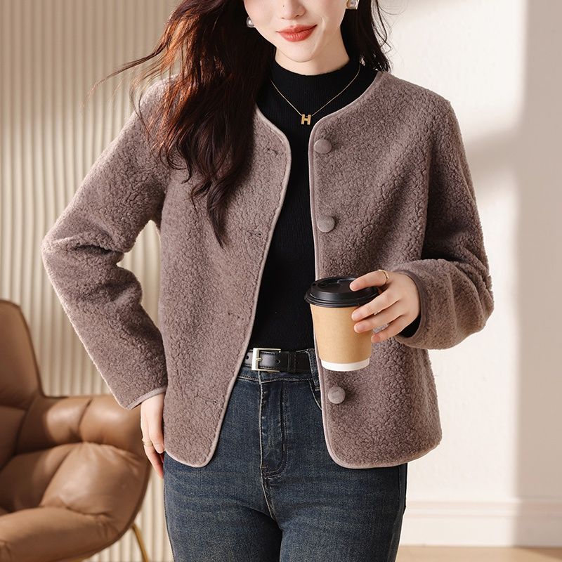  winter new style lamb wool small fragrance high-end gray Korean style fur one-piece wide grain velvet jacket for women