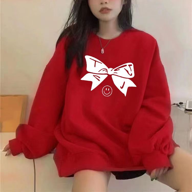 美式復古紅色圓領加絨加厚衛衣女小個子秋冬大碼寬鬆字母印花上衣