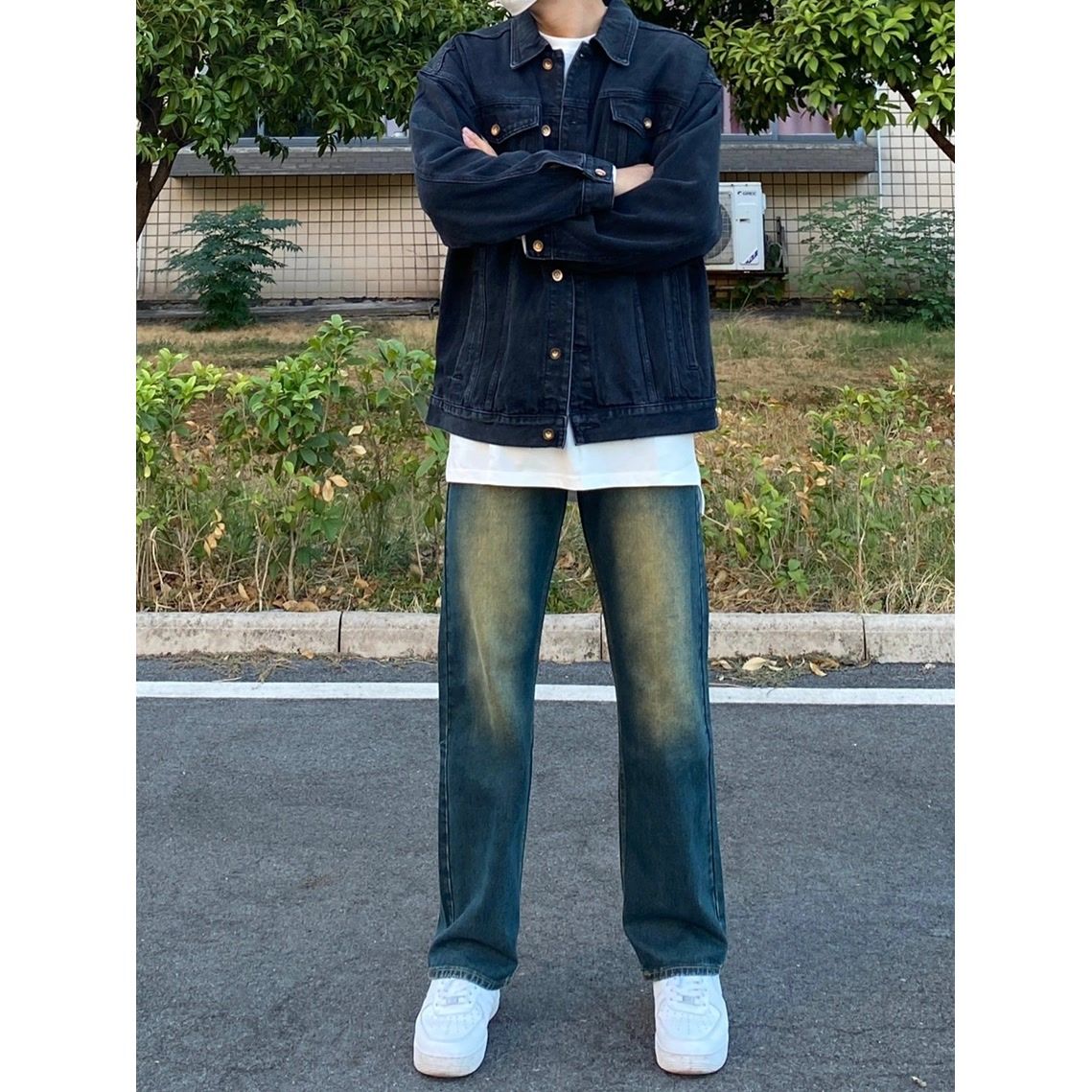 牛仔褲復古色做舊寬鬆美式高街ins潮vibe歐美風闊腿顯瘦長褲子男