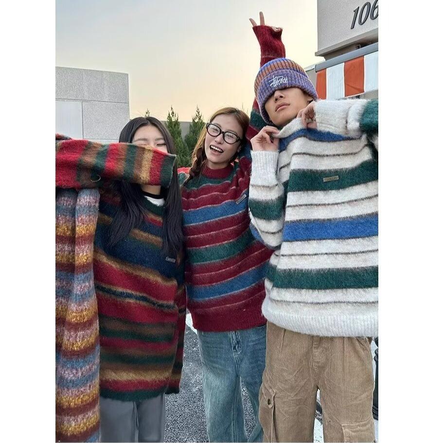 Retro rainbow striped sweater for men and women trendy niche soft waxy plush lazy loose ins student versatile sweater