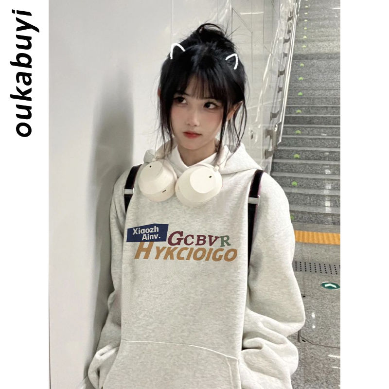 OUKABUYI450G重磅銀狐絨純棉連帽衛衣女高街氣質休閒學生寬鬆上衣