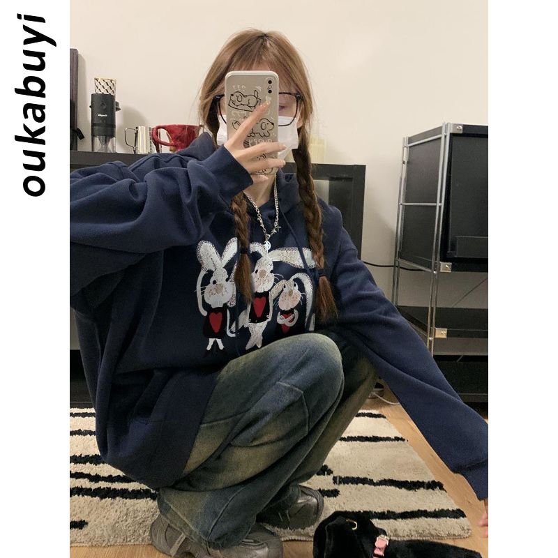 OUKABUYI450G重磅銀狐絨純棉連帽衛衣女不起球甜美美拉德百搭上衣